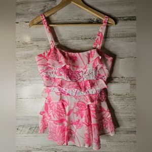 Lilly Pulitzer Olive Ruffle Pink Top in Resort White Caliente Size 4 Lace Frilly
